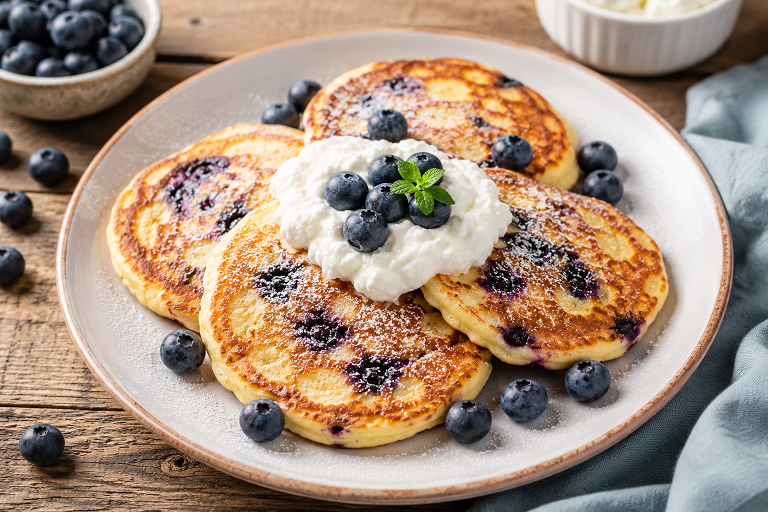 Low carb lívance z mandlové mouky s tvarohem a borůvkami